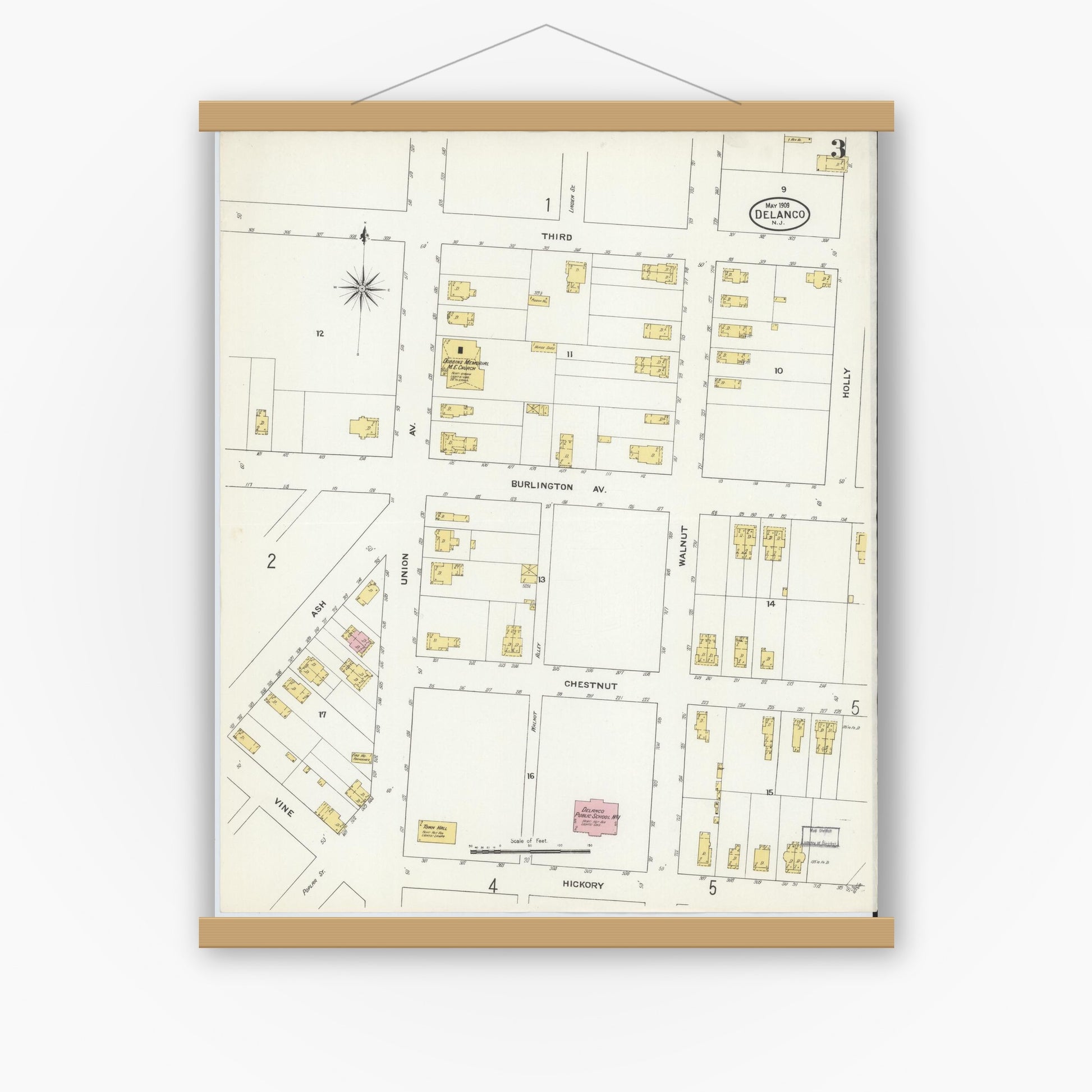 Old map wall art mockup — magnetic wood frame on white wall — Sanborn Fire Insurance Map from Delanco, Burlington County, New Jersey (1909), Sheet #0003