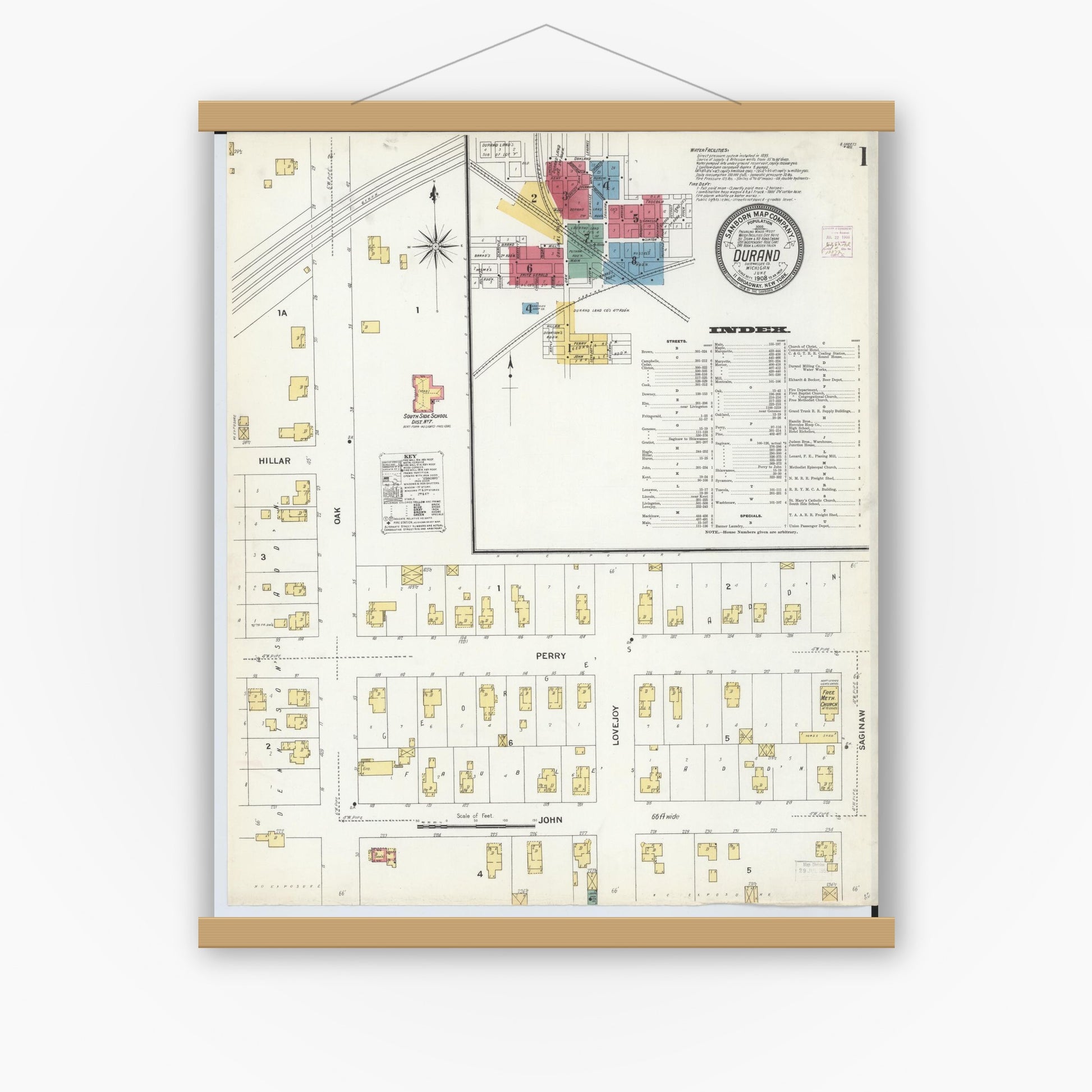 Old map wall art mockup — magnetic wood frame on white wall — Sanborn Fire Insurance Map from Durand, Shiawassee County, Michigan (1908), Sheet #0001