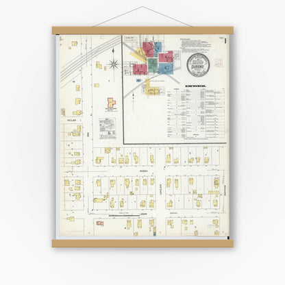 Old map wall art mockup — magnetic wood frame on white wall — Sanborn Fire Insurance Map from Durand, Shiawassee County, Michigan (1908), Sheet #0001