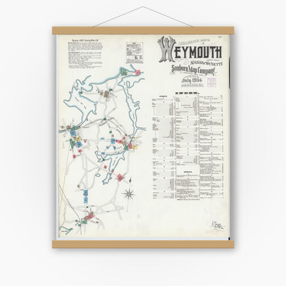 Old map wall art mockup — magnetic wood frame on white wall — Sanborn Fire Insurance Map from Weymouth, Norfolk County, Massachusetts (1904), Sheet #0001