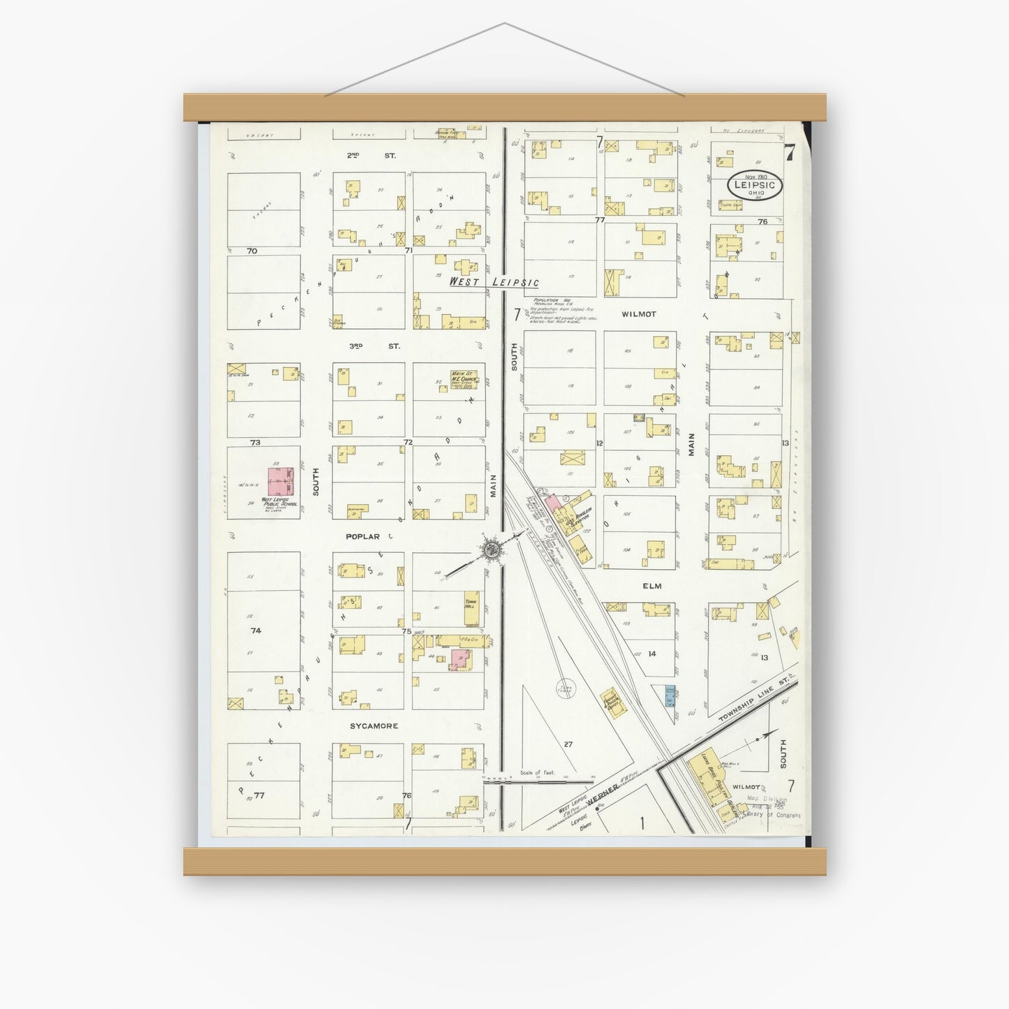 Old map wall art mockup — magnetic wood frame on white wall — Sanborn Fire Insurance Map from Leipsic, Putnam County, Ohio (1910), Sheet #0007