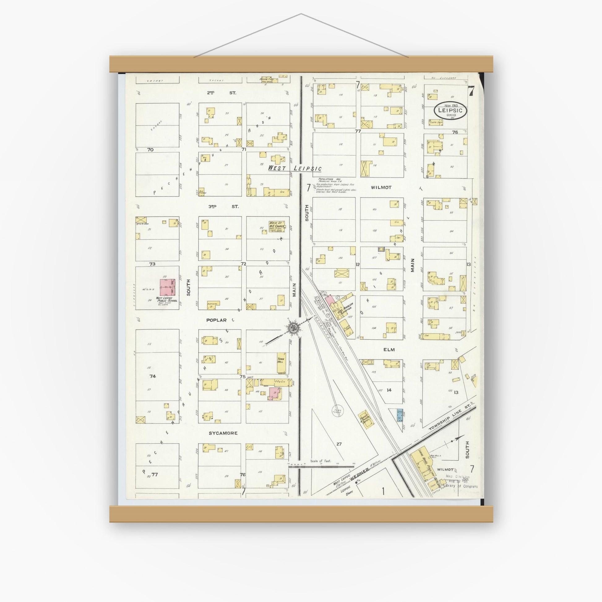 Old map wall art mockup — magnetic wood frame on white wall — Sanborn Fire Insurance Map from Leipsic, Putnam County, Ohio (1910), Sheet #0007