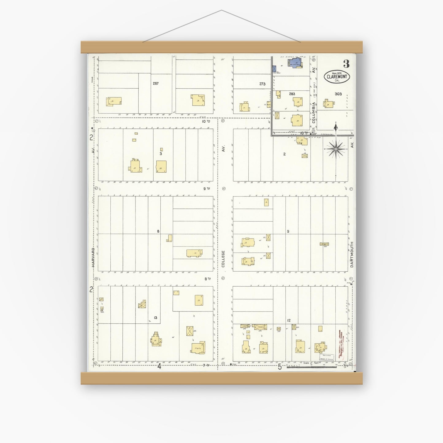 Old map wall art mockup — magnetic wood frame on white wall — Sanborn Fire Insurance Map from Claremont, Los Angeles County, California (1909), Sheet #0003