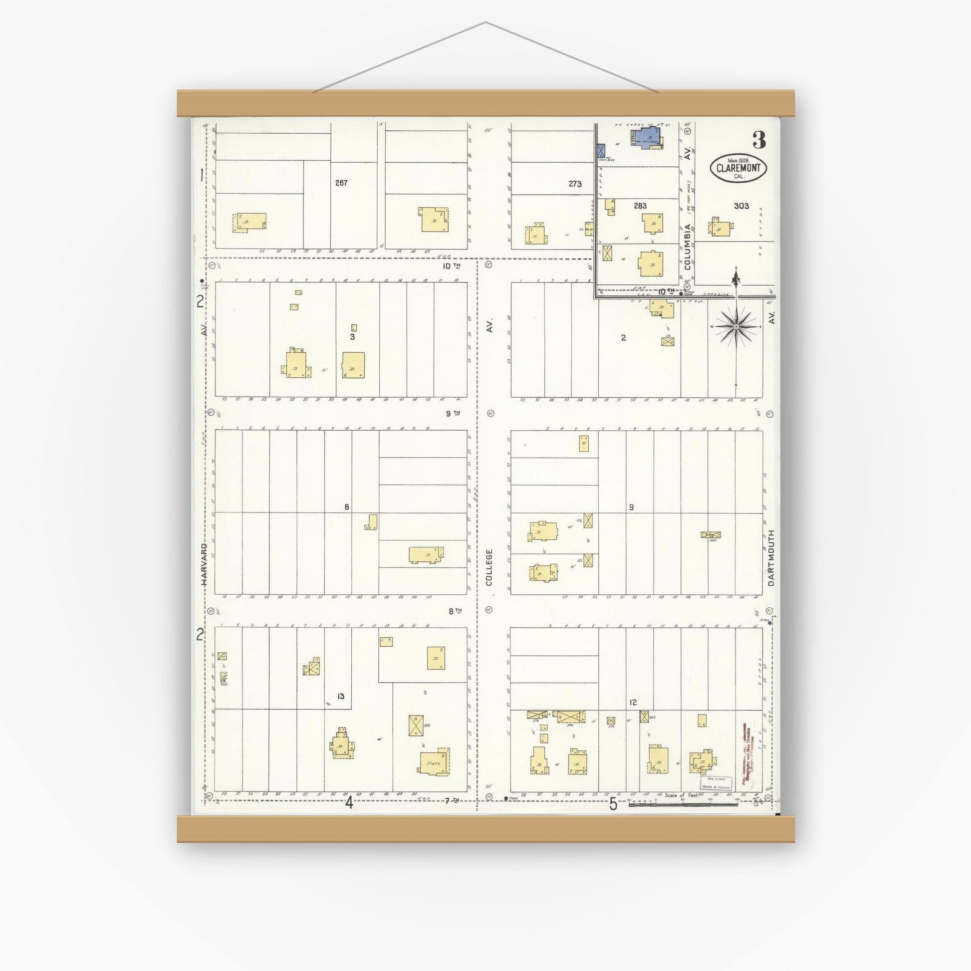 Old map wall art mockup — magnetic wood frame on white wall — Sanborn Fire Insurance Map from Claremont, Los Angeles County, California (1909), Sheet #0003