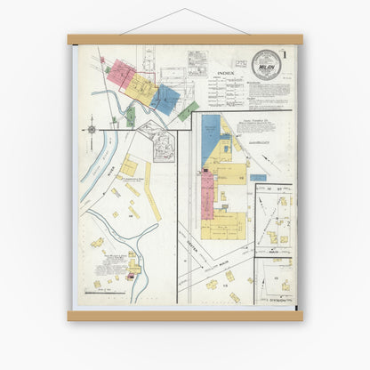 Old map wall art mockup — magnetic wood frame on white wall — Sanborn Fire Insurance Map from Milan, Washtenaw And Monroe Counties, Michigan (1916) - Complete Map Set