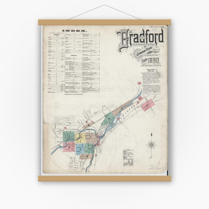 Old map wall art mockup — magnetic wood frame on white wall — Sanborn Fire Insurance Map from Bradford, McKean County, Pennsylvania (1890), Sheet #0001