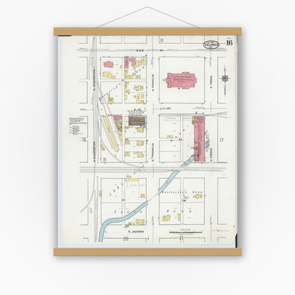 Old map wall art mockup — magnetic wood frame on white wall — Sanborn Fire Insurance Map from Delphos, Van Wert And Allen Counties, Ohio (1921), Sheet #0016