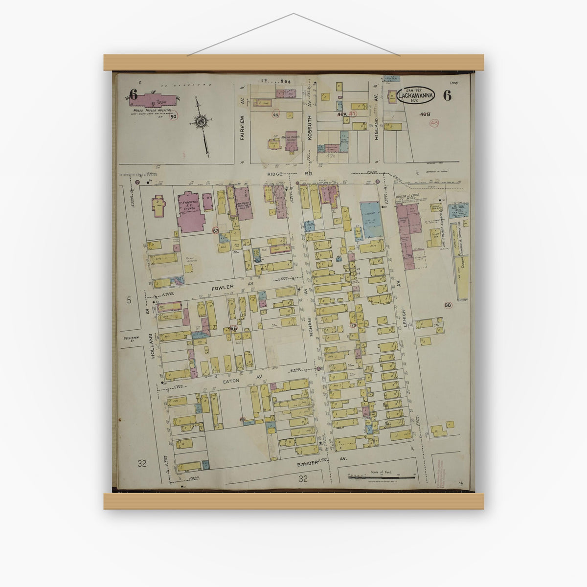Old map wall art mockup — magnetic wood frame on white wall — Sanborn Fire Insurance Map from Lackawanna, Erie County, New York (1950), Sheet #0006
