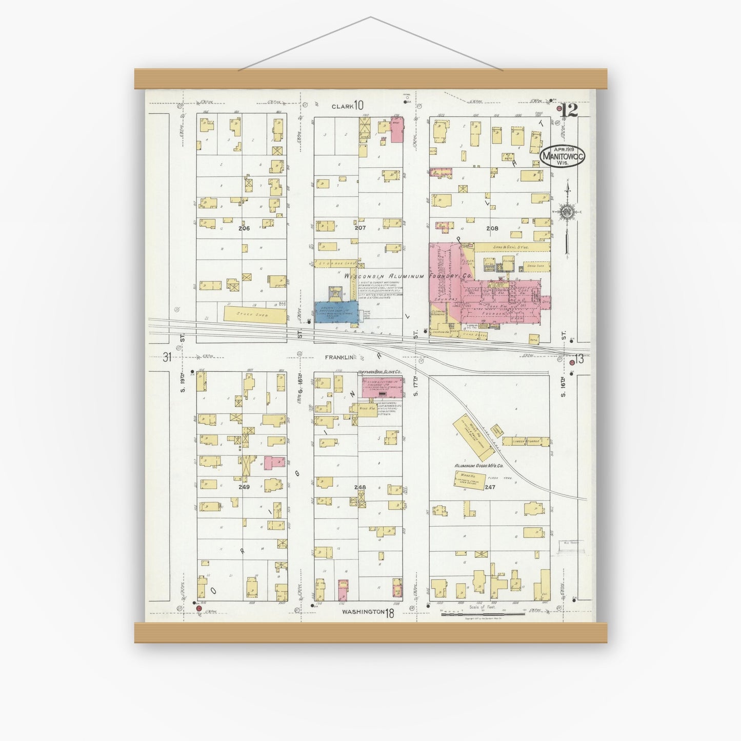 Old map wall art mockup — magnetic wood frame on white wall — Sanborn Fire Insurance Map from Manitowoc, Manitowoc County, Wisconsin (1919), Sheet #0012