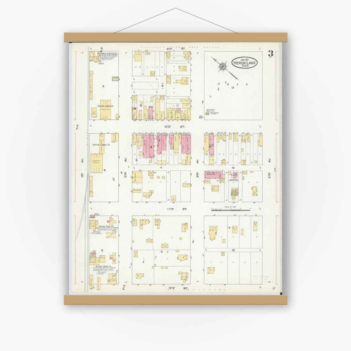 Old map wall art mockup — magnetic wood frame on white wall — Sanborn Fire Insurance Map from Heron Lake, Jackson County, Minnesota (1913), Sheet #0003