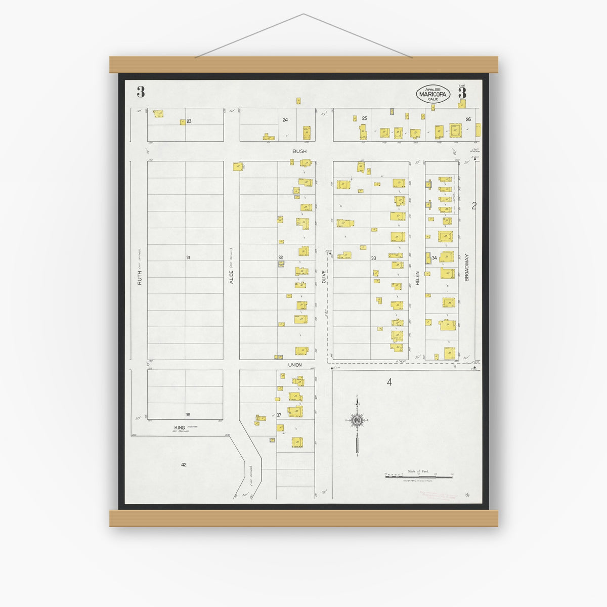 Old map wall art mockup — magnetic wood frame on white wall — Sanborn Fire Insurance Map from Maricopa, Kern County, California (1926), Sheet #0003