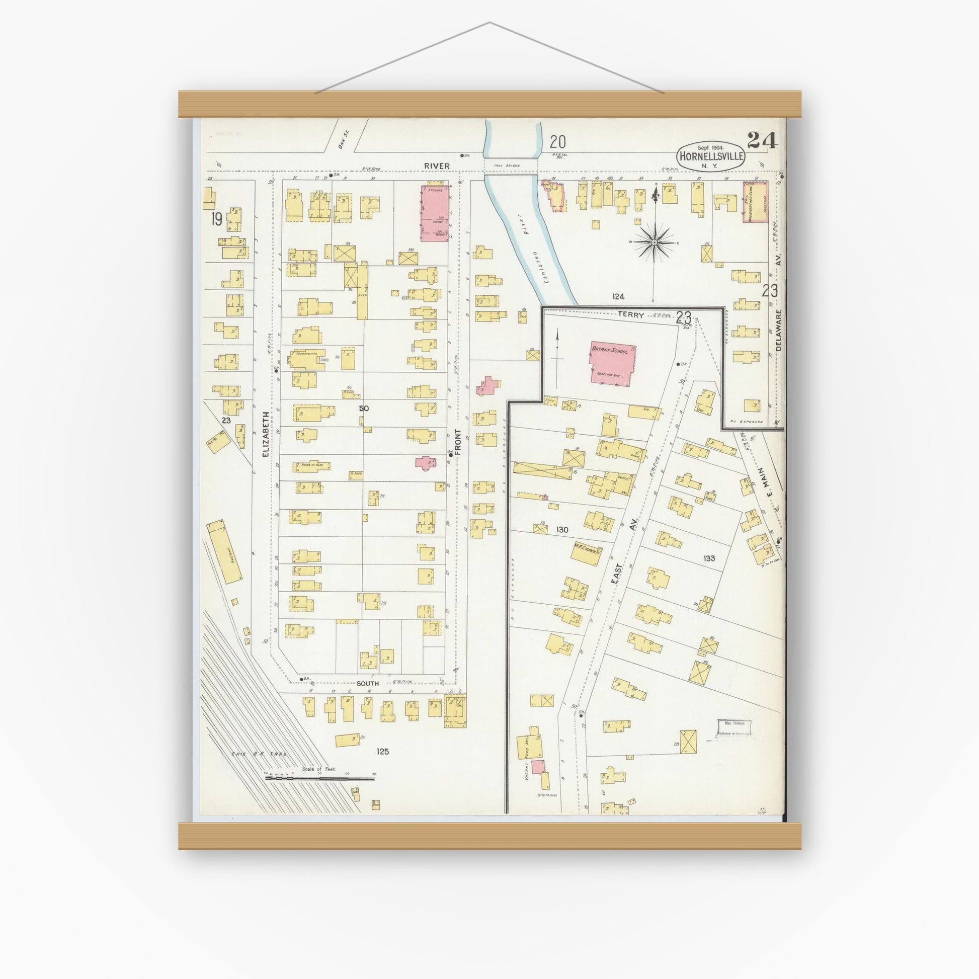 Old map wall art mockup — magnetic wood frame on white wall — Sanborn Fire Insurance Map from Hornell, Steuben County, New York (1904), Sheet #0024