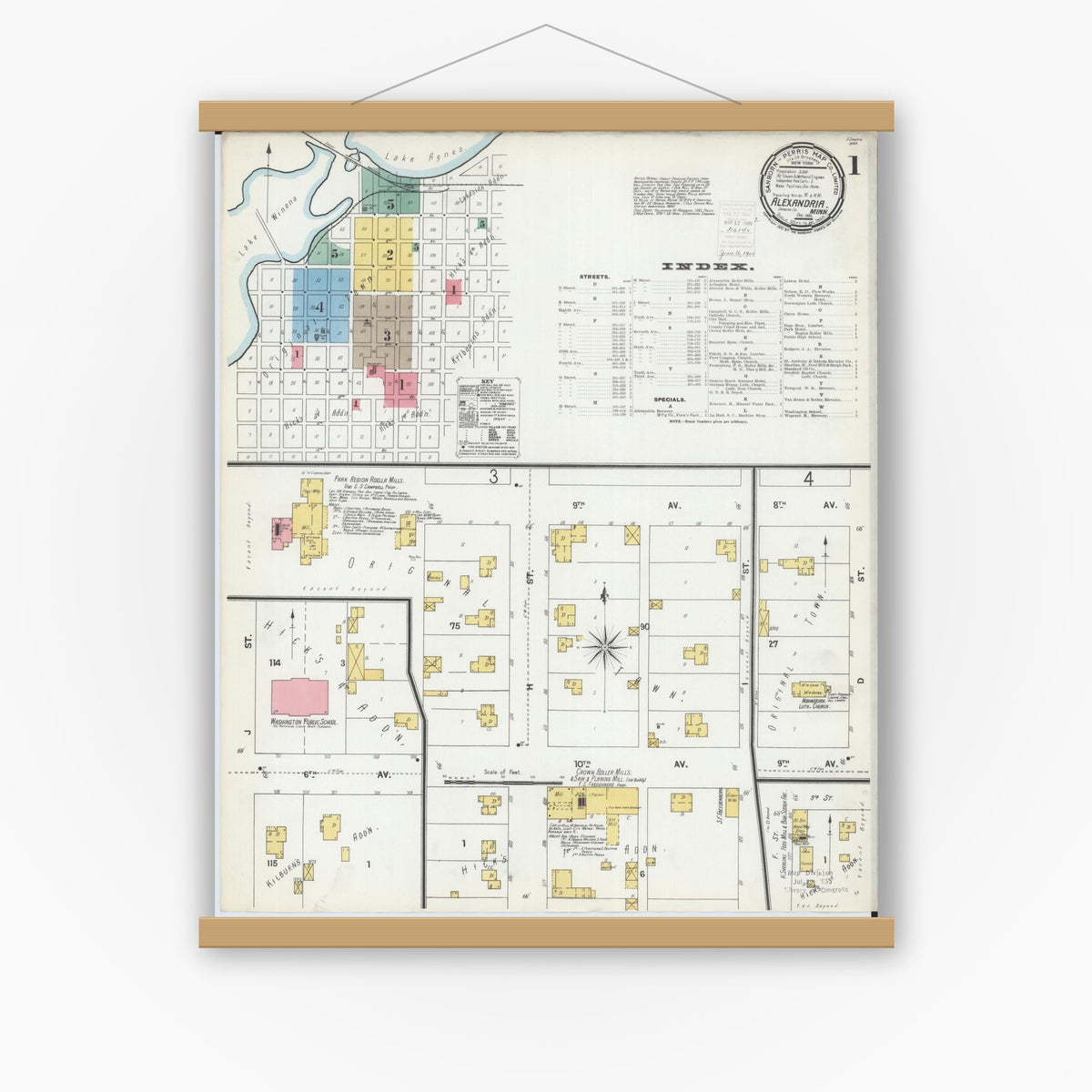 Old map wall art mockup — magnetic wood frame on white wall — Sanborn Fire Insurance Map from Alexandria, Douglas County, Minnesota (1899) - Complete Map Set