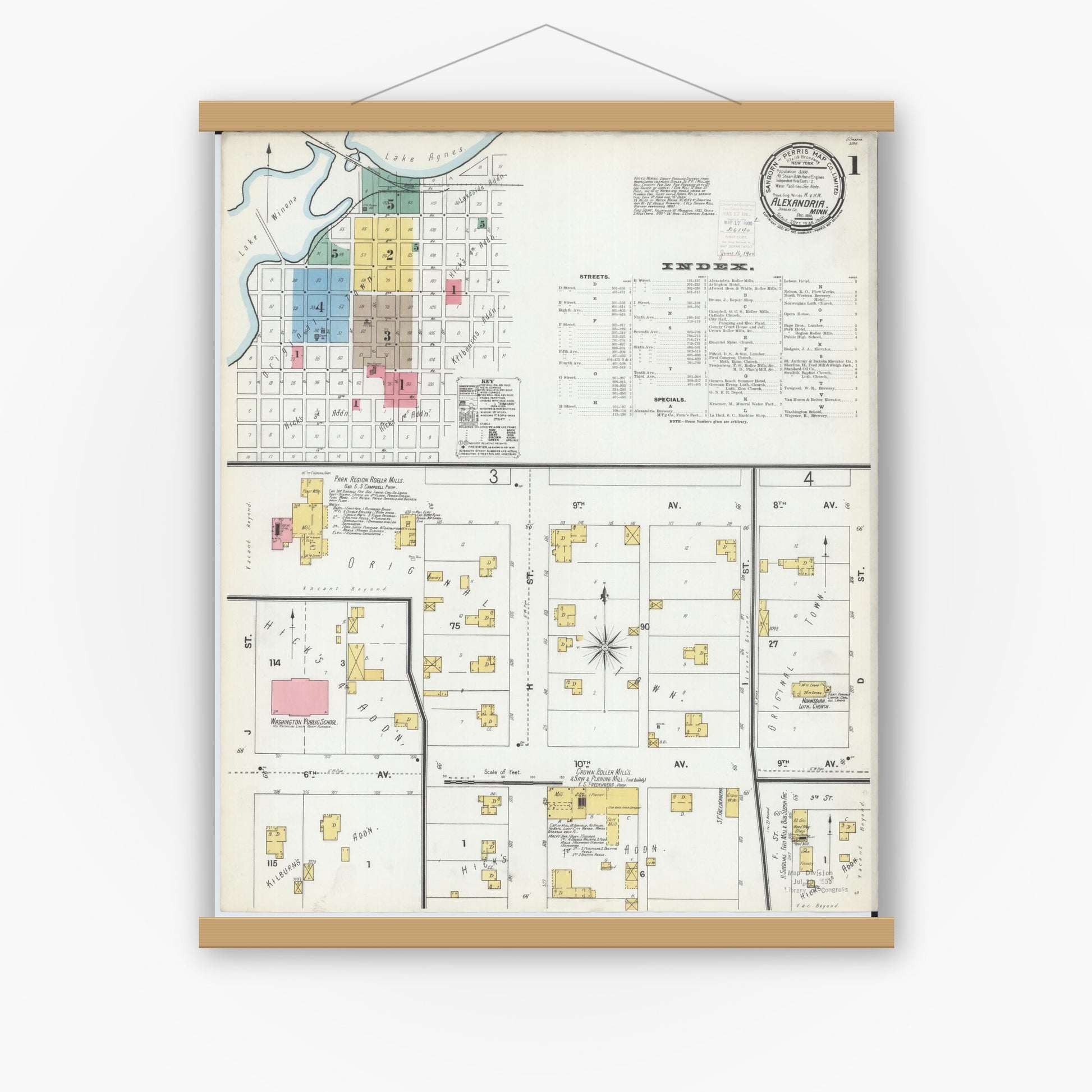Old map wall art mockup — magnetic wood frame on white wall — Sanborn Fire Insurance Map from Alexandria, Douglas County, Minnesota (1899) - Complete Map Set