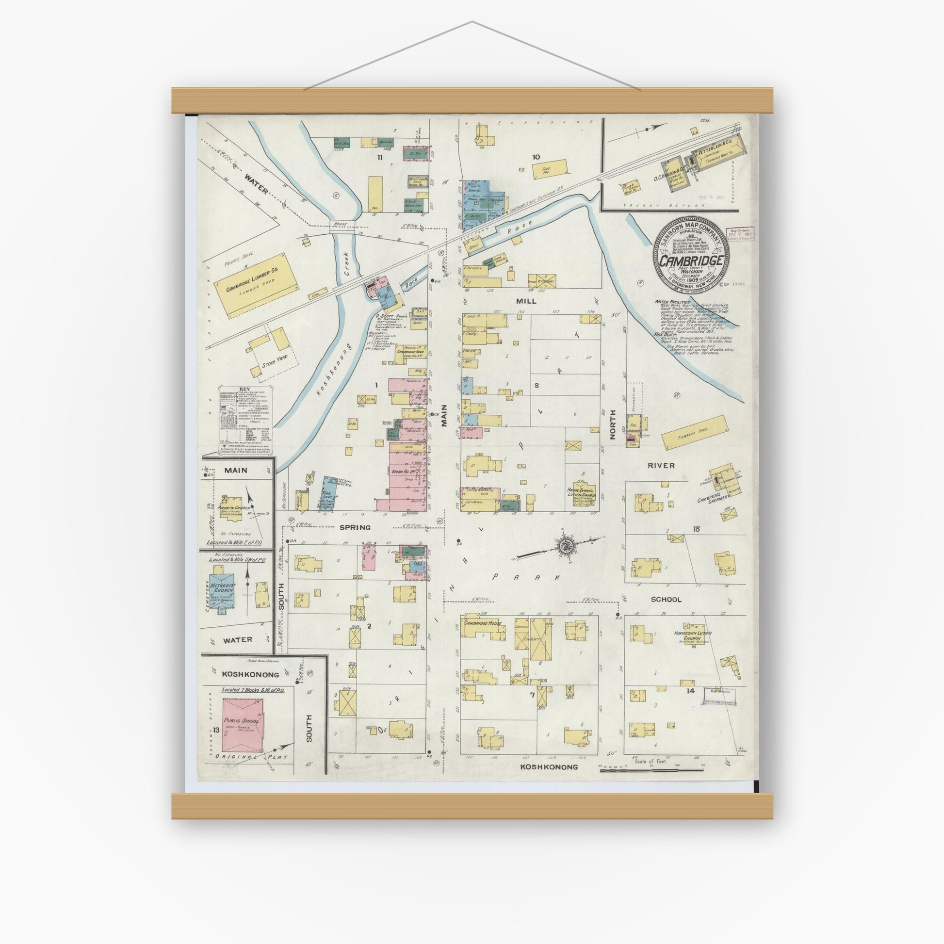 Old map wall art mockup — magnetic wood frame on white wall — Sanborn Fire Insurance Map from Cambridge, Dane County, Wisconsin (1909), Sheet #0001