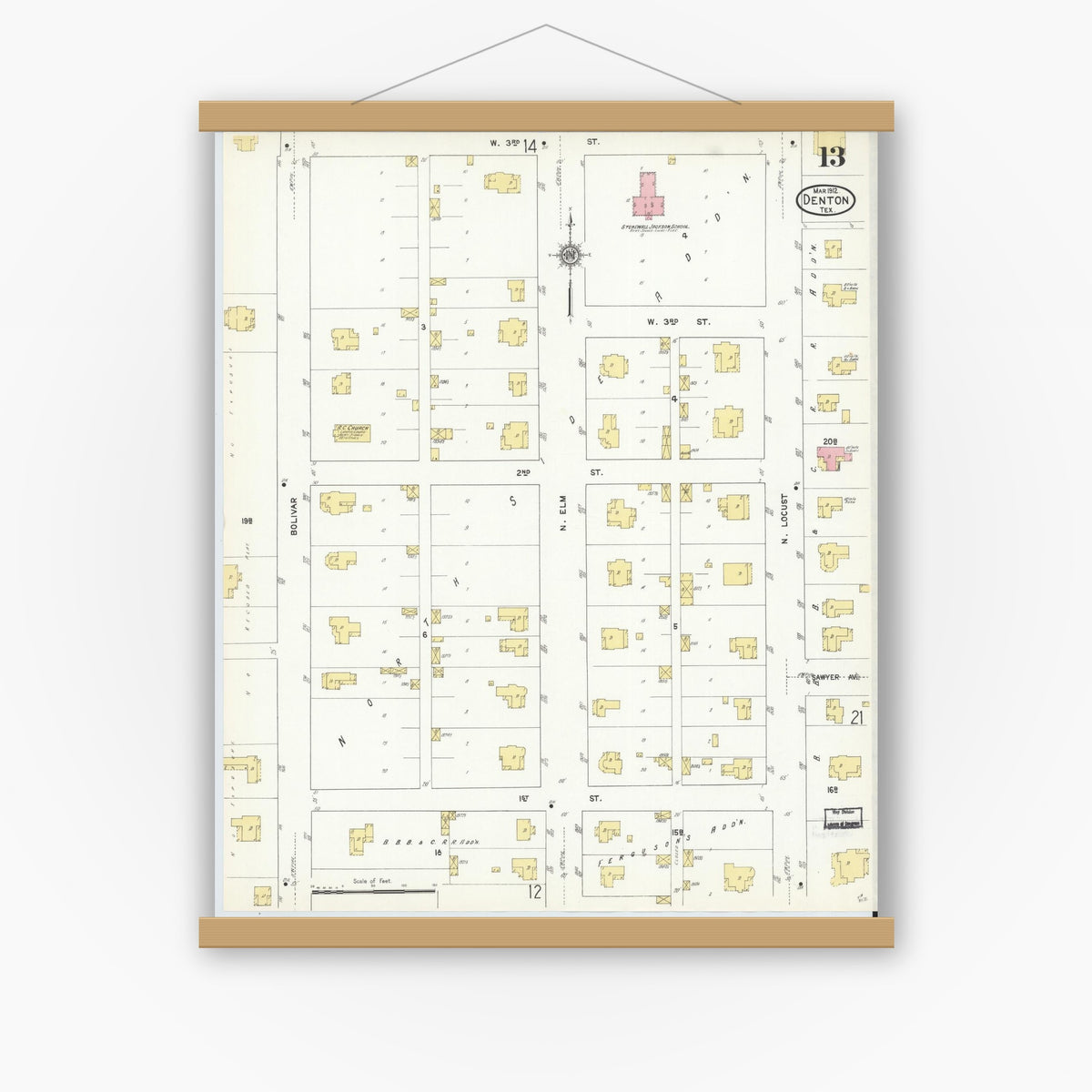 Old map wall art mockup — magnetic wood frame on white wall — Sanborn Fire Insurance Map from Denton, Denton County, Texas (1912), Sheet #0013