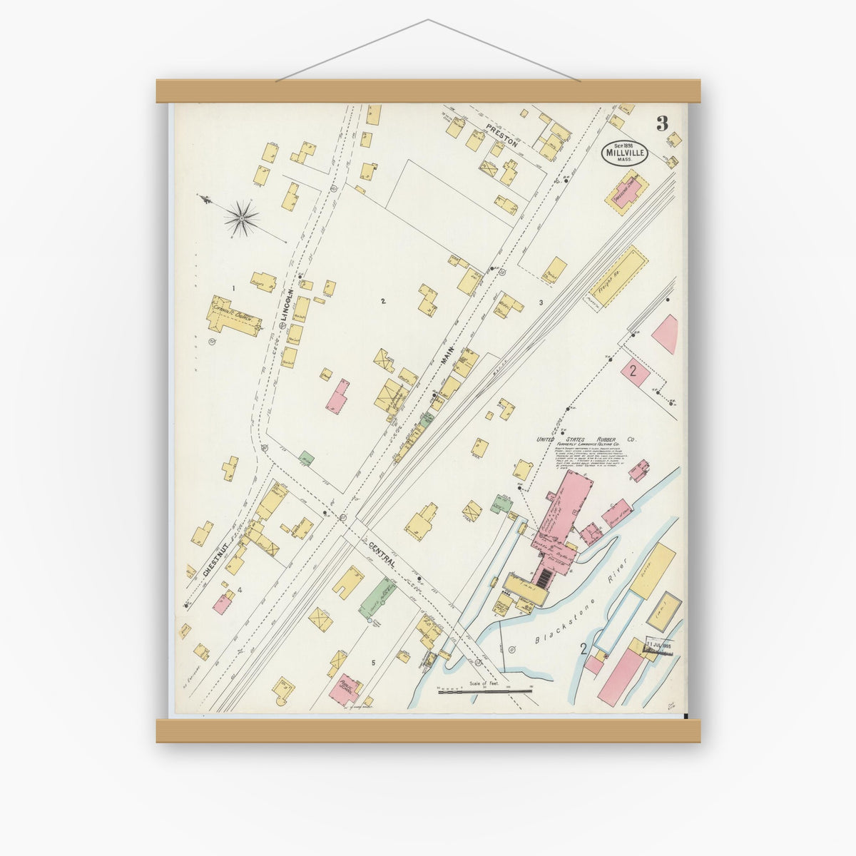 Old map wall art mockup — magnetic wood frame on white wall — Sanborn Fire Insurance Map from Millville, Worcester County, Massachusetts (1898), Sheet #0003