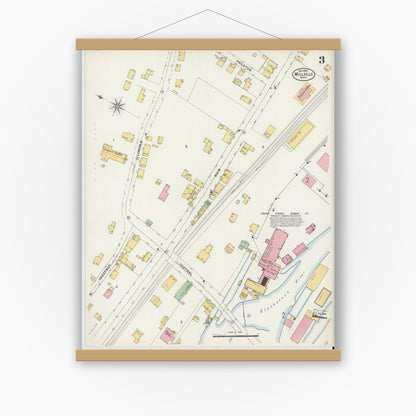 Old map wall art mockup — magnetic wood frame on white wall — Sanborn Fire Insurance Map from Millville, Worcester County, Massachusetts (1898), Sheet #0003