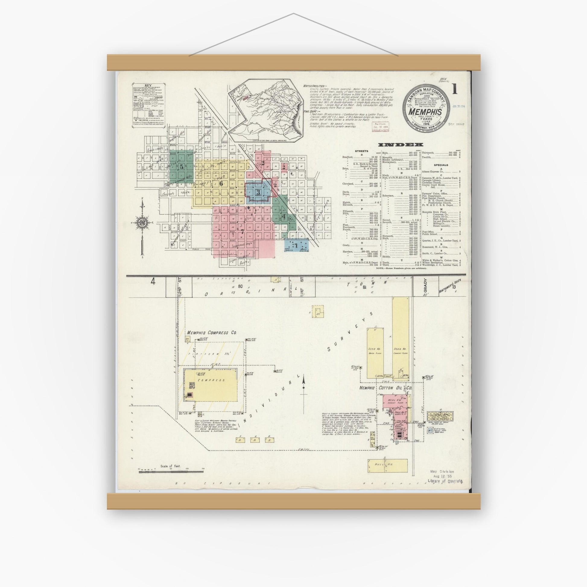 Old map wall art mockup — magnetic wood frame on white wall — Sanborn Fire Insurance Map from Memphis, Hall County, Texas (1914), Sheet #0001