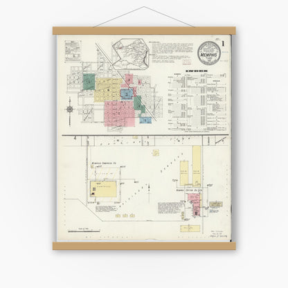 Old map wall art mockup — magnetic wood frame on white wall — Sanborn Fire Insurance Map from Memphis, Hall County, Texas (1914), Sheet #0001