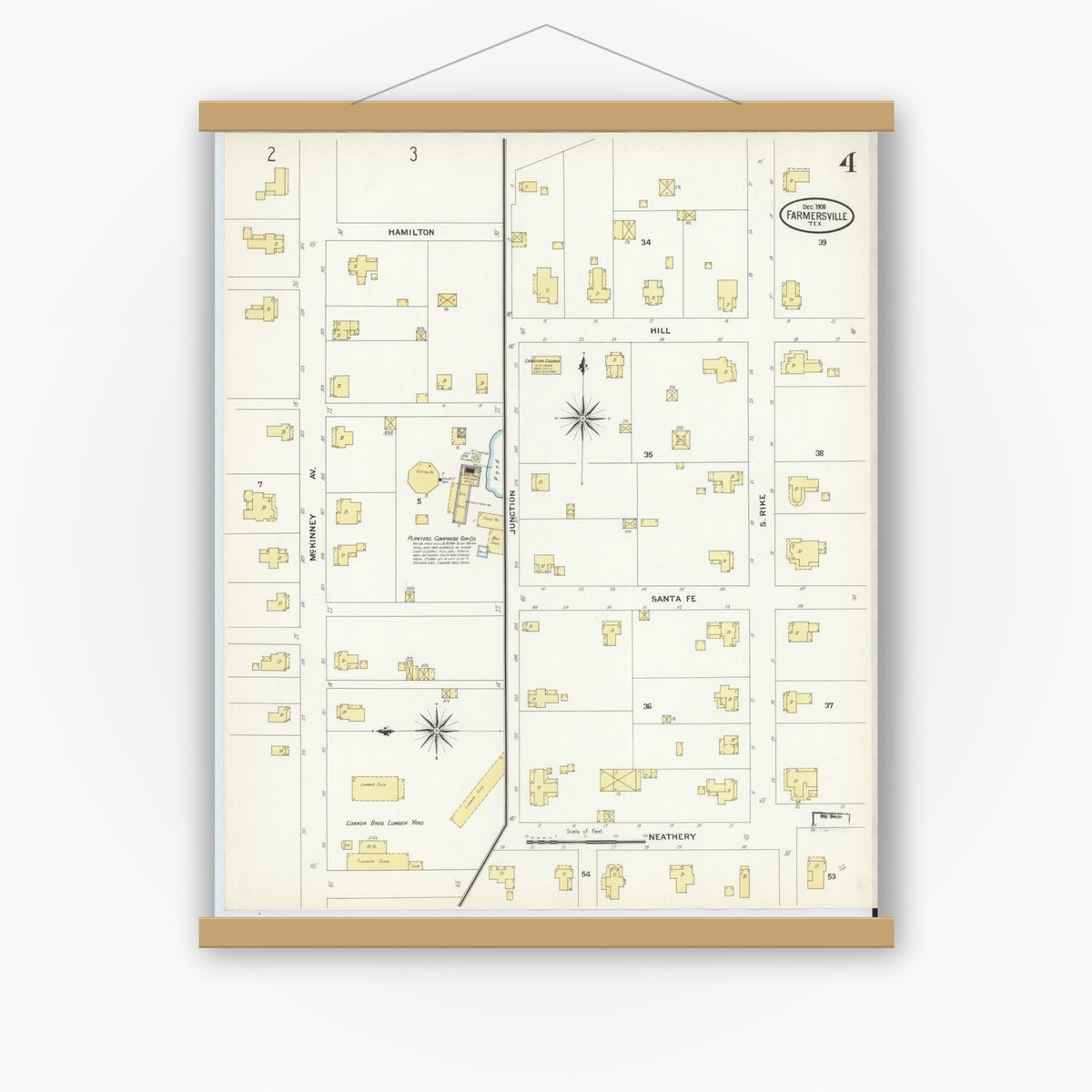Old map wall art mockup — magnetic wood frame on white wall — Sanborn Fire Insurance Map from Farmersville, Collin County, Texas (1908), Sheet #0004