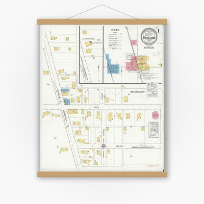Old map wall art mockup — magnetic wood frame on white wall — Sanborn Fire Insurance Map from Whiteland, Johnson County, Indiana (1916), Sheet #0001