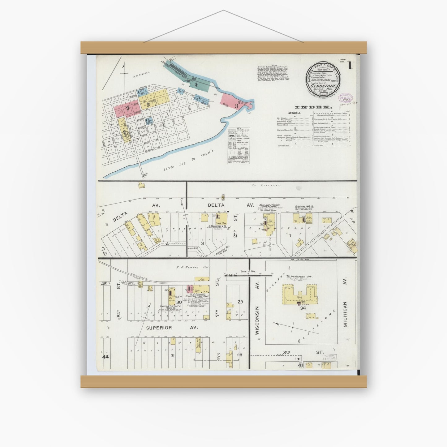 Old map wall art mockup — magnetic wood frame on white wall — Sanborn Fire Insurance Map from Gladstone, Delta County, Michigan (1893) - Complete Map Set