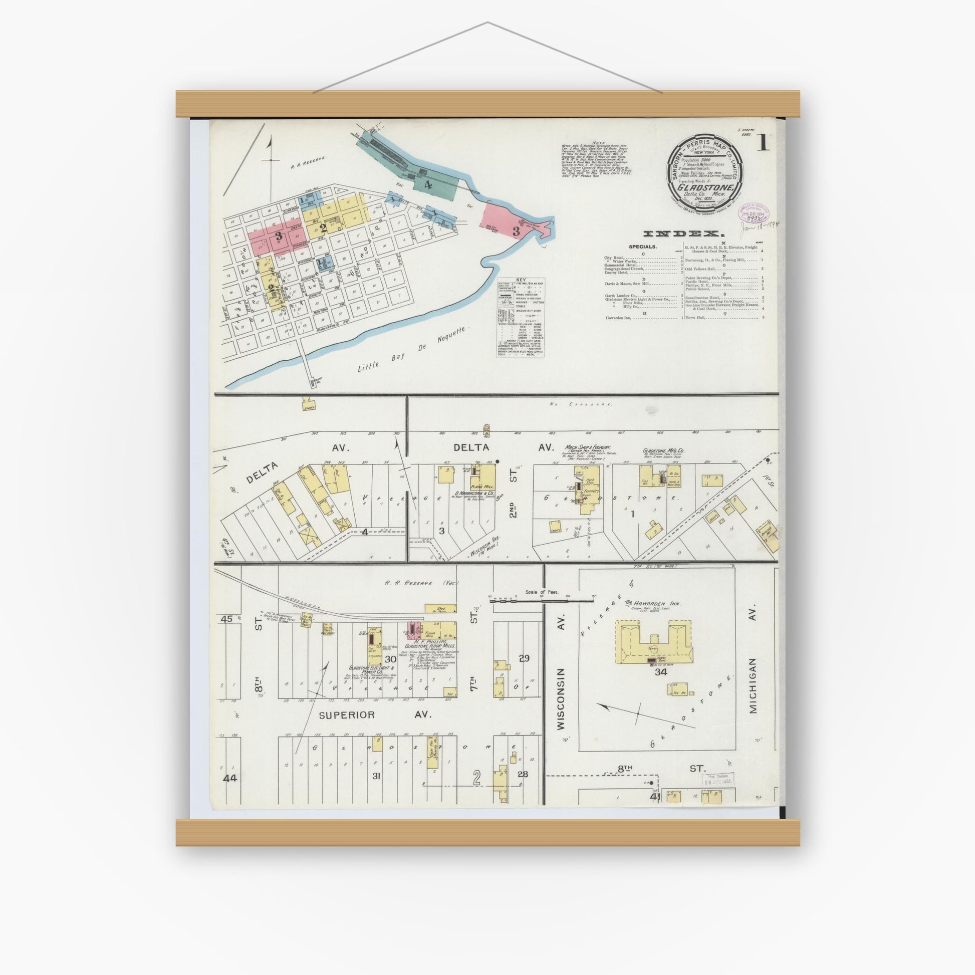 Old map wall art mockup — magnetic wood frame on white wall — Sanborn Fire Insurance Map from Gladstone, Delta County, Michigan (1893) - Complete Map Set