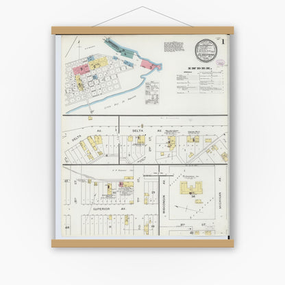 Old map wall art mockup — magnetic wood frame on white wall — Sanborn Fire Insurance Map from Gladstone, Delta County, Michigan (1893) - Complete Map Set