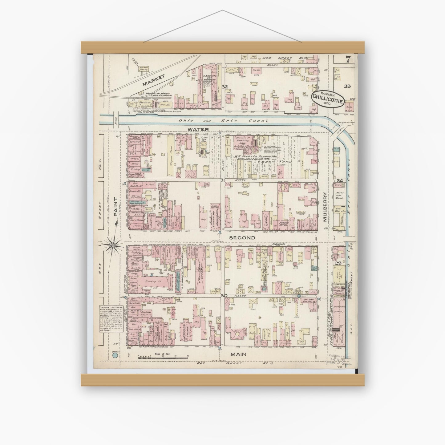 Old map wall art mockup — magnetic wood frame on white wall — Sanborn Fire Insurance Map from Chillicothe, Ross County, Ohio (1884), Sheet #0007