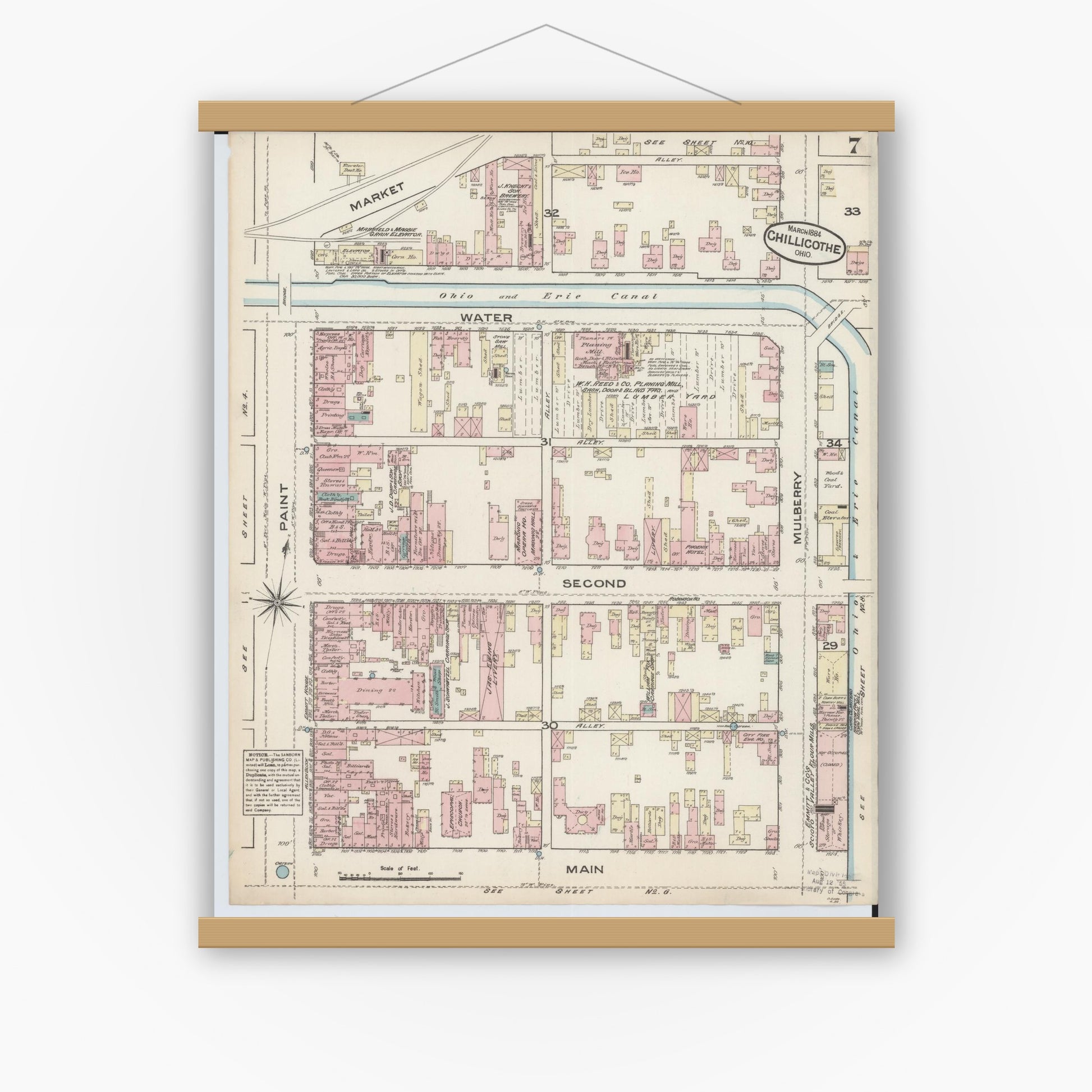 Old map wall art mockup — magnetic wood frame on white wall — Sanborn Fire Insurance Map from Chillicothe, Ross County, Ohio (1884), Sheet #0007