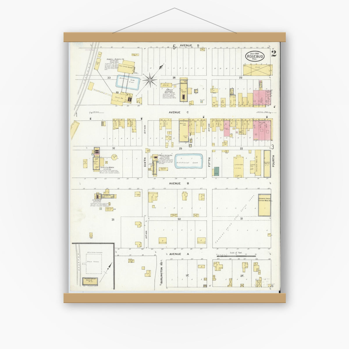 Old map wall art mockup — magnetic wood frame on white wall — Sanborn Fire Insurance Map from Rosebud, Falls County, Texas (1909), Sheet #0002