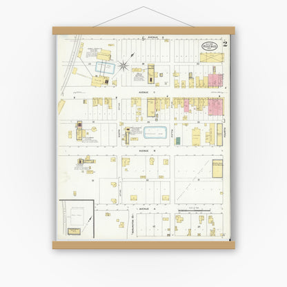 Old map wall art mockup — magnetic wood frame on white wall — Sanborn Fire Insurance Map from Rosebud, Falls County, Texas (1909), Sheet #0002
