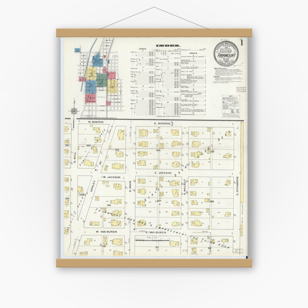 Old map wall art mockup — magnetic wood frame on white wall — Sanborn Fire Insurance Map from Fairmount, Grant County, Indiana (1909), Sheet #0001