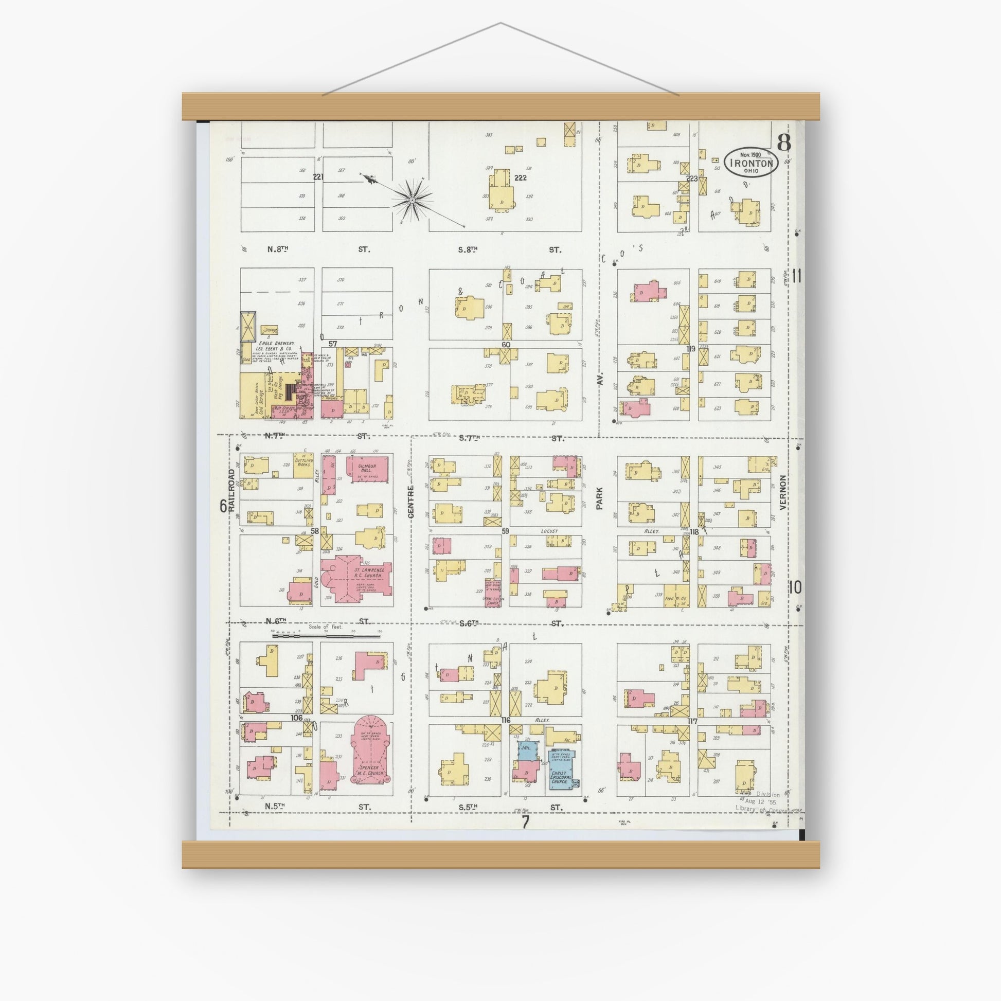 Old map wall art mockup — magnetic wood frame on white wall — Sanborn Fire Insurance Map from Ironton, Lawrence County, Ohio (1900), Sheet #0008