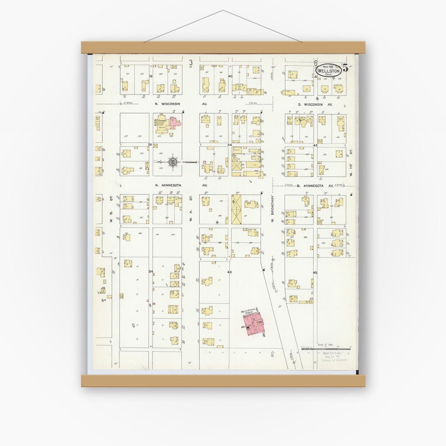 Old map wall art mockup — magnetic wood frame on white wall — Sanborn Fire Insurance Map from Wellston, Jackson County, Ohio (1911), Sheet #0005