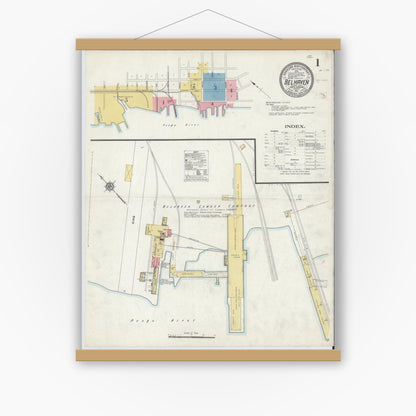 Old map wall art mockup — magnetic wood frame on white wall — Sanborn Fire Insurance Map from Belhaven, Beaufort County, North Carolina (1911) - Complete Map Set