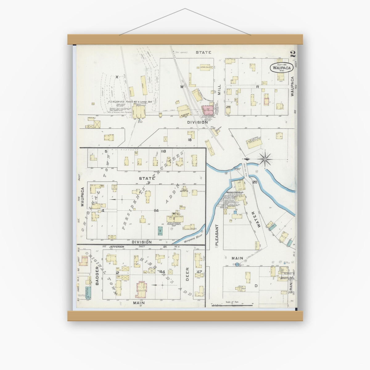 Old map wall art mockup — magnetic wood frame on white wall — Sanborn Fire Insurance Map from Waupaca, Waupaca County, Wisconsin (1891), Sheet #0002