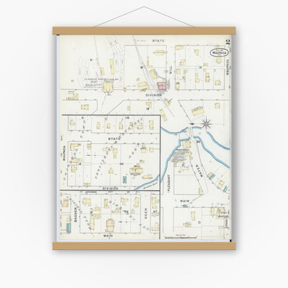Old map wall art mockup — magnetic wood frame on white wall — Sanborn Fire Insurance Map from Waupaca, Waupaca County, Wisconsin (1891), Sheet #0002