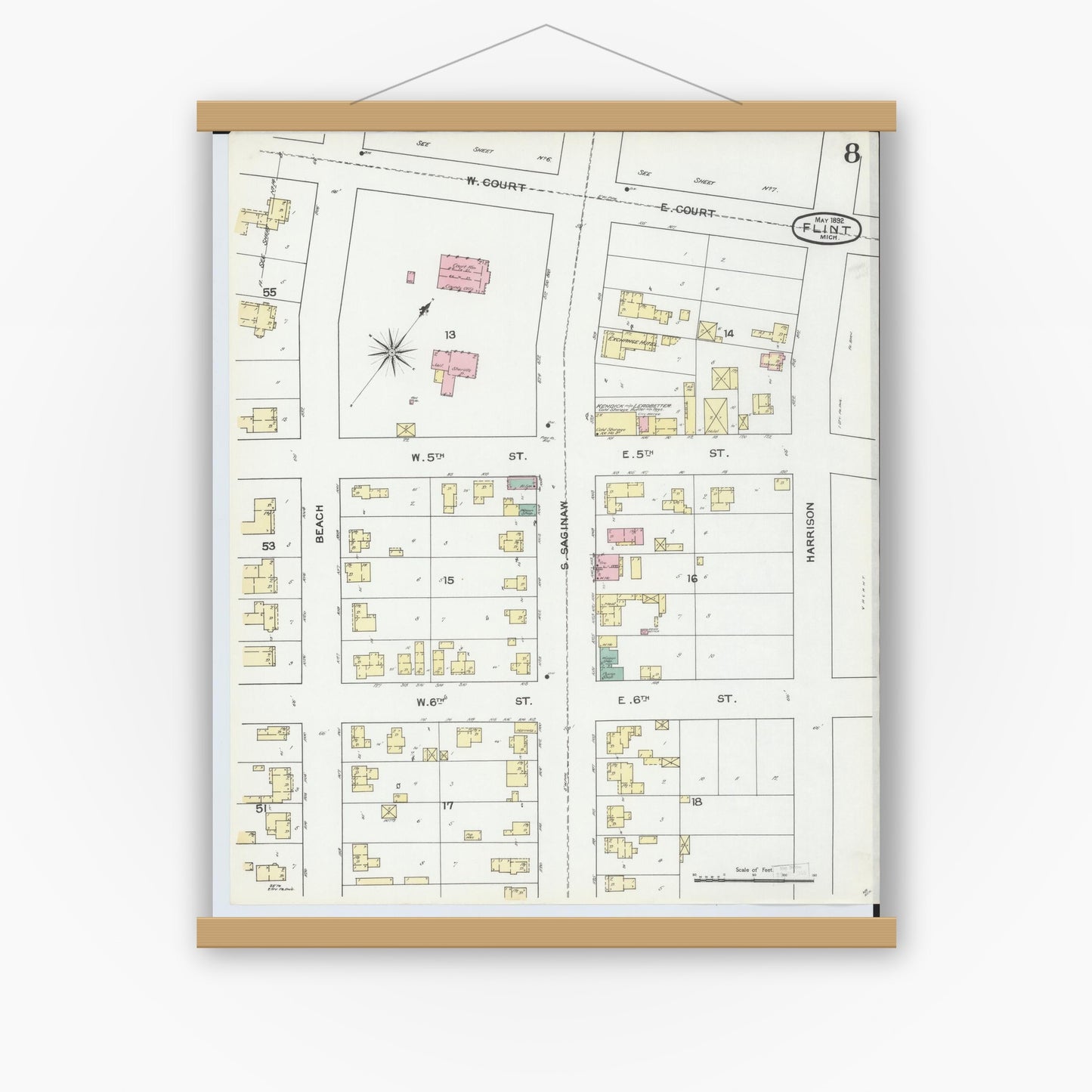 Old map wall art mockup — magnetic wood frame on white wall — Sanborn Fire Insurance Map from Flint, Genesee County, Michigan (1892), Sheet #0008