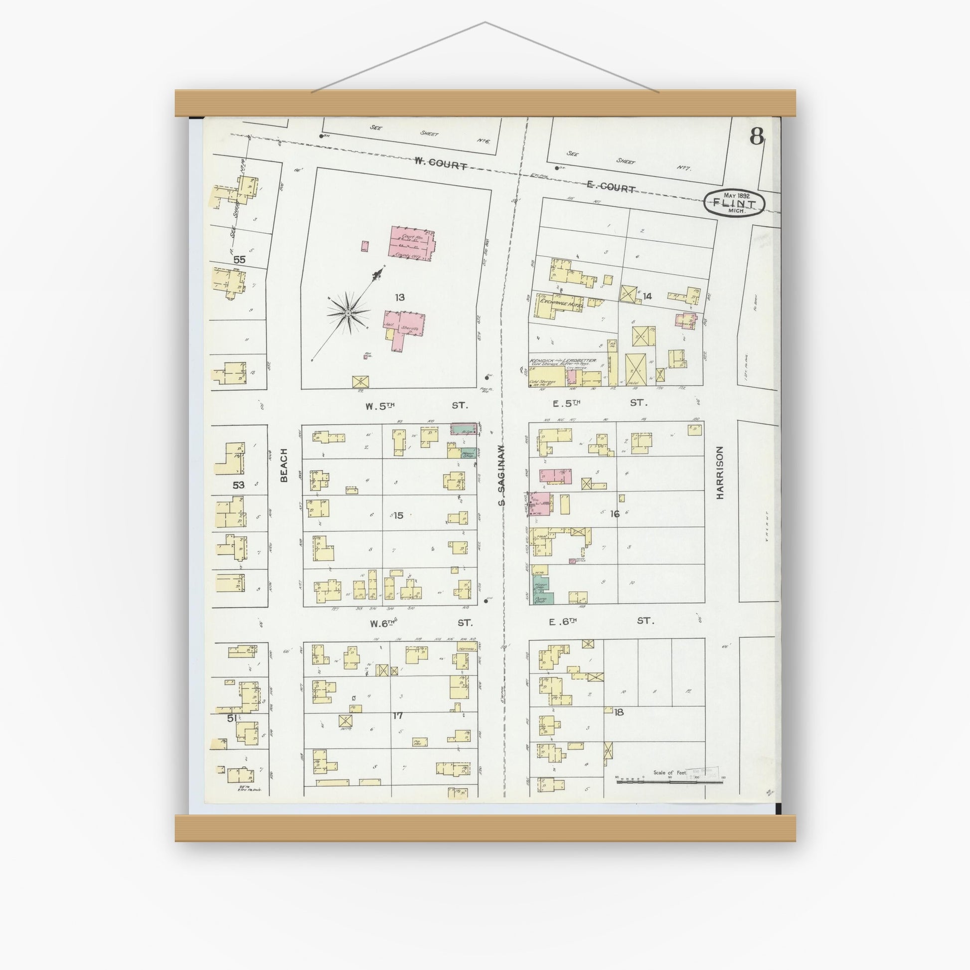 Old map wall art mockup — magnetic wood frame on white wall — Sanborn Fire Insurance Map from Flint, Genesee County, Michigan (1892), Sheet #0008