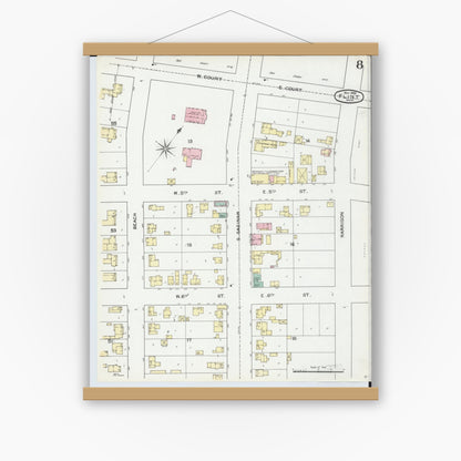 Old map wall art mockup — magnetic wood frame on white wall — Sanborn Fire Insurance Map from Flint, Genesee County, Michigan (1892), Sheet #0008