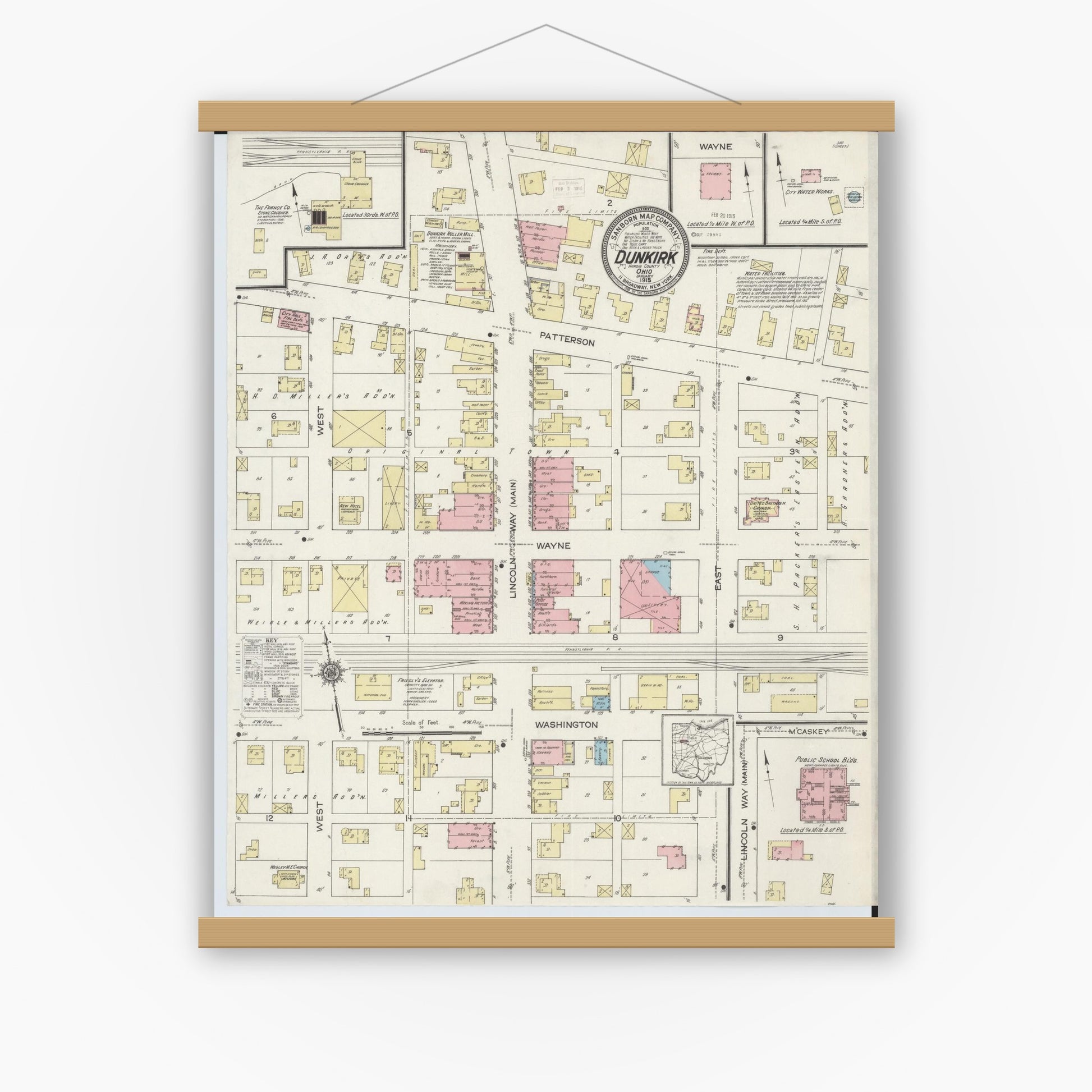 Old map wall art mockup — magnetic wood frame on white wall — Sanborn Fire Insurance Map from Dunkirk, Hardin County, Ohio (1915), Sheet #0001