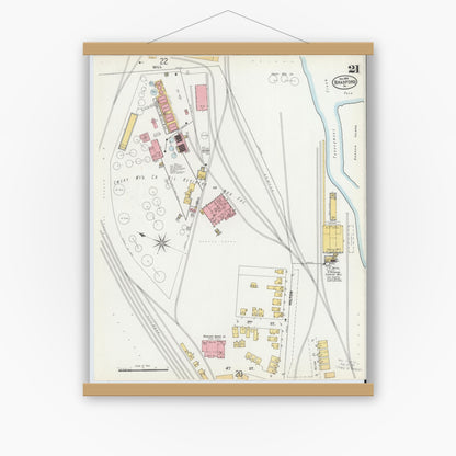 Old map wall art mockup — magnetic wood frame on white wall — Sanborn Fire Insurance Map from Bradford, McKean County, Pennsylvania (1899), Sheet #0021