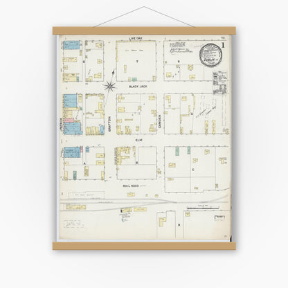 Old map wall art mockup — magnetic wood frame on white wall — Sanborn Fire Insurance Map from Dublin, Erath County, Texas (1891), Sheet #0001