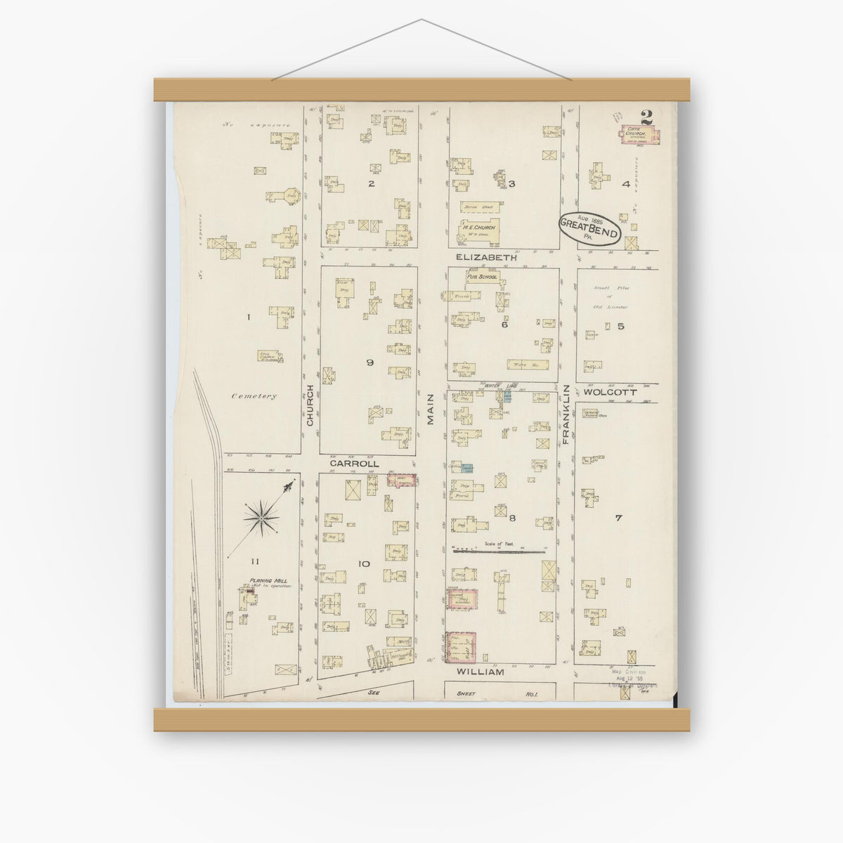Old map wall art mockup — magnetic wood frame on white wall — Sanborn Fire Insurance Map from Great Bend, Susquehanna County, Pennsylvania (1885), Sheet #0002
