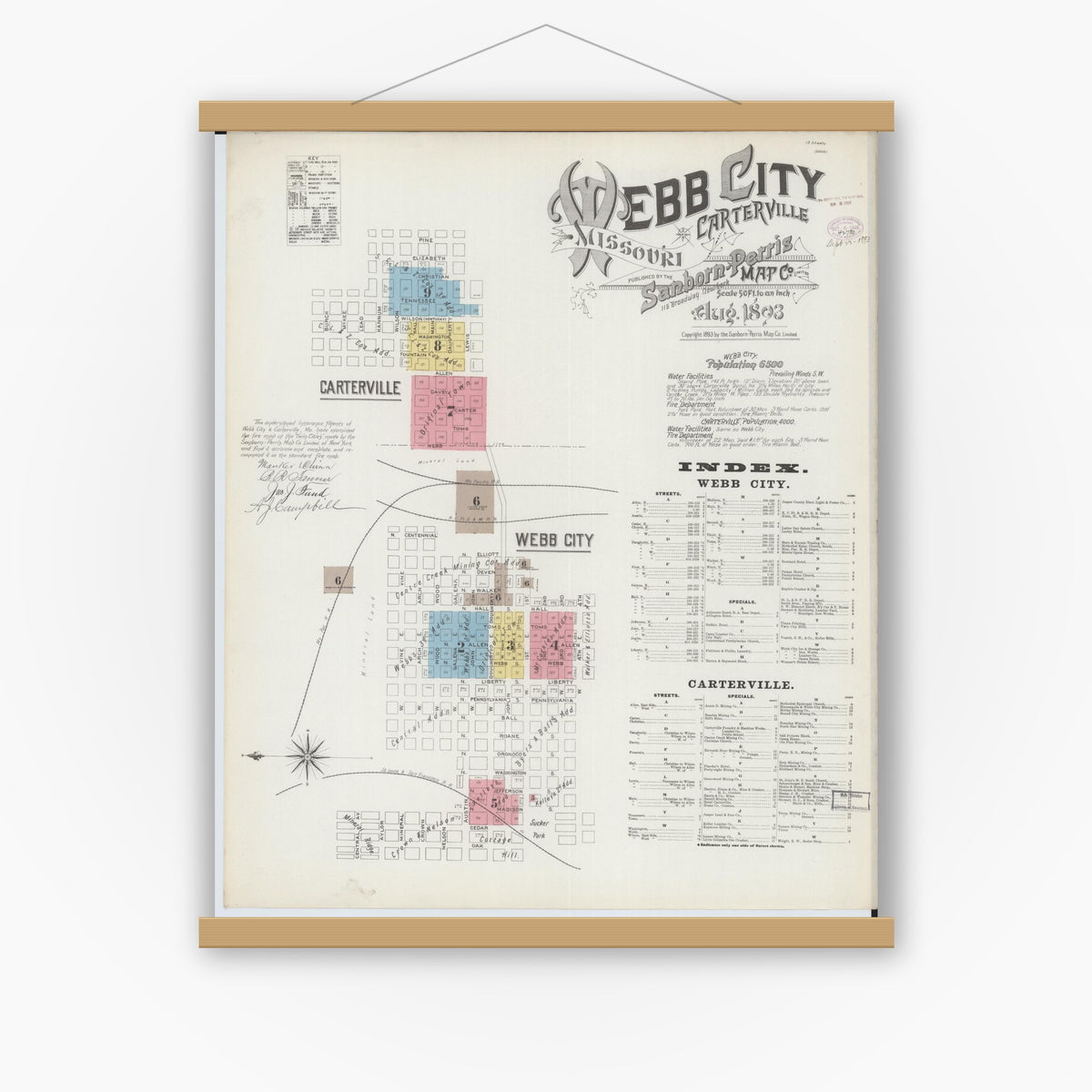 Old map wall art mockup — magnetic wood frame on white wall — Sanborn Fire Insurance Map from Webb City, Jasper County, Missouri (1893) - Complete Map Set