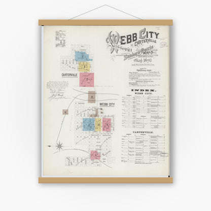 Old map wall art mockup — magnetic wood frame on white wall — Sanborn Fire Insurance Map from Webb City, Jasper County, Missouri (1893) - Complete Map Set