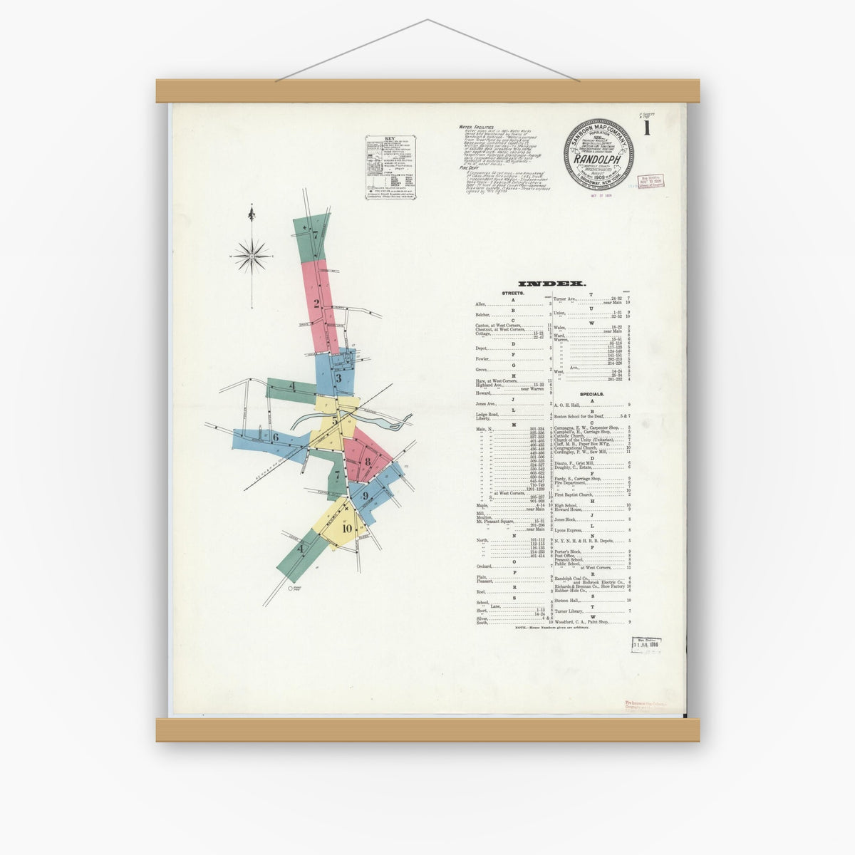 Old map wall art mockup — magnetic wood frame on white wall — Sanborn Fire Insurance Map from Randolph, Norfolk County, Massachusetts (1909) - Complete Map Set