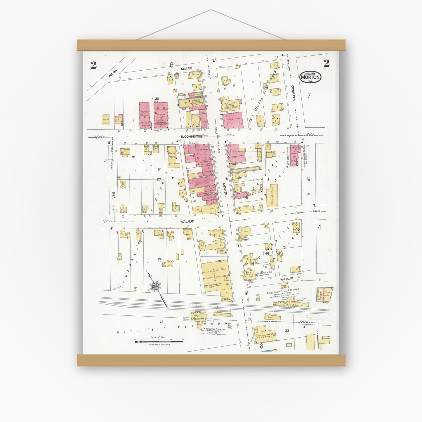 Old map wall art mockup — magnetic wood frame on white wall — Sanborn Fire Insurance Map from Morton, Tazewell County, Illinois (1926), Sheet #0002